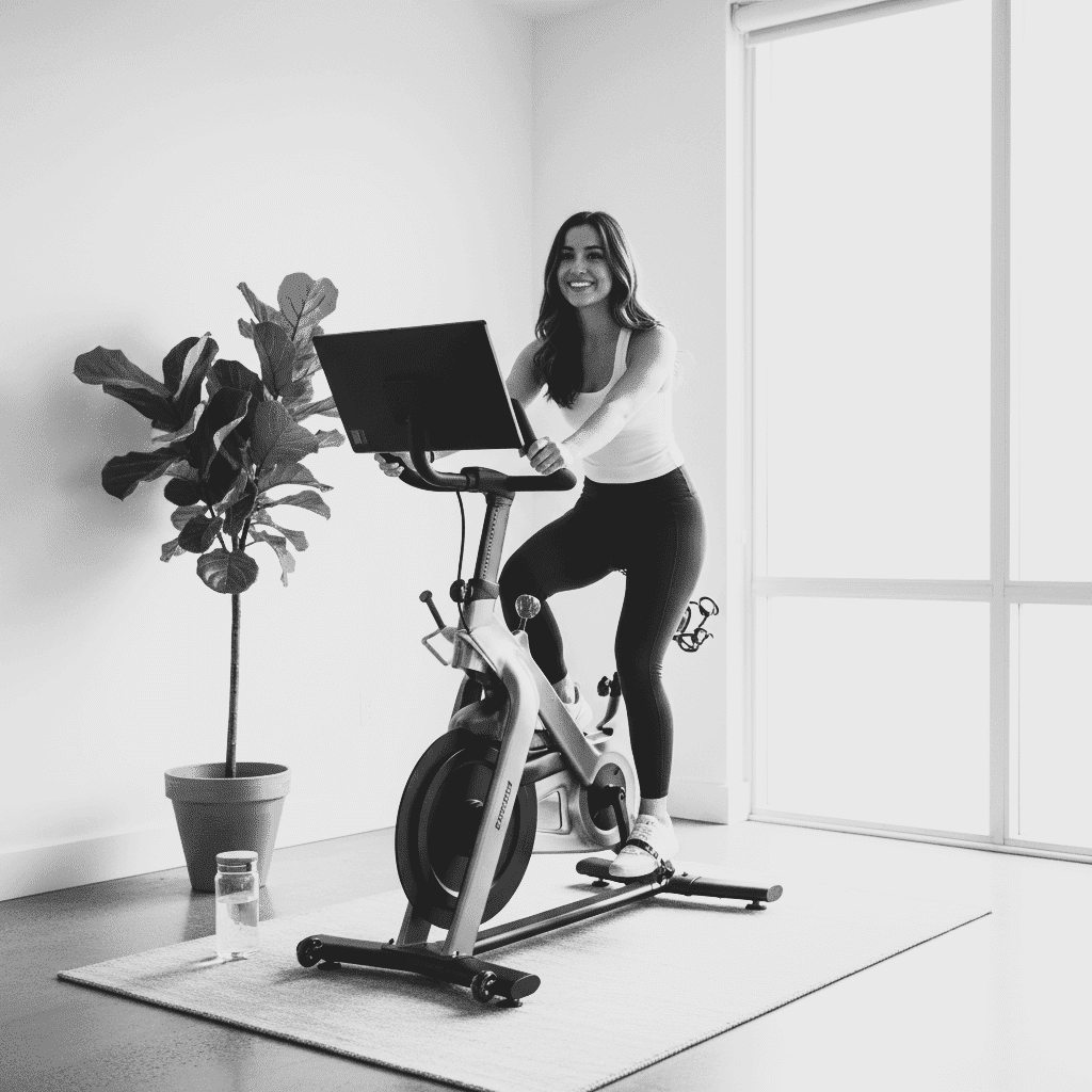 mergina ant dviračio treniruoklio